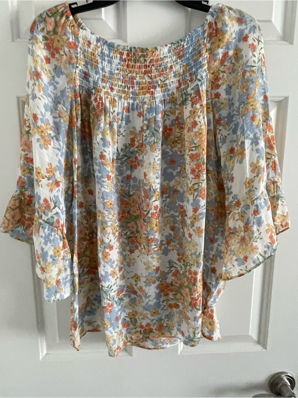 Zac & Rachel Light Blue Cream Floral Off-Shoulder Blouse